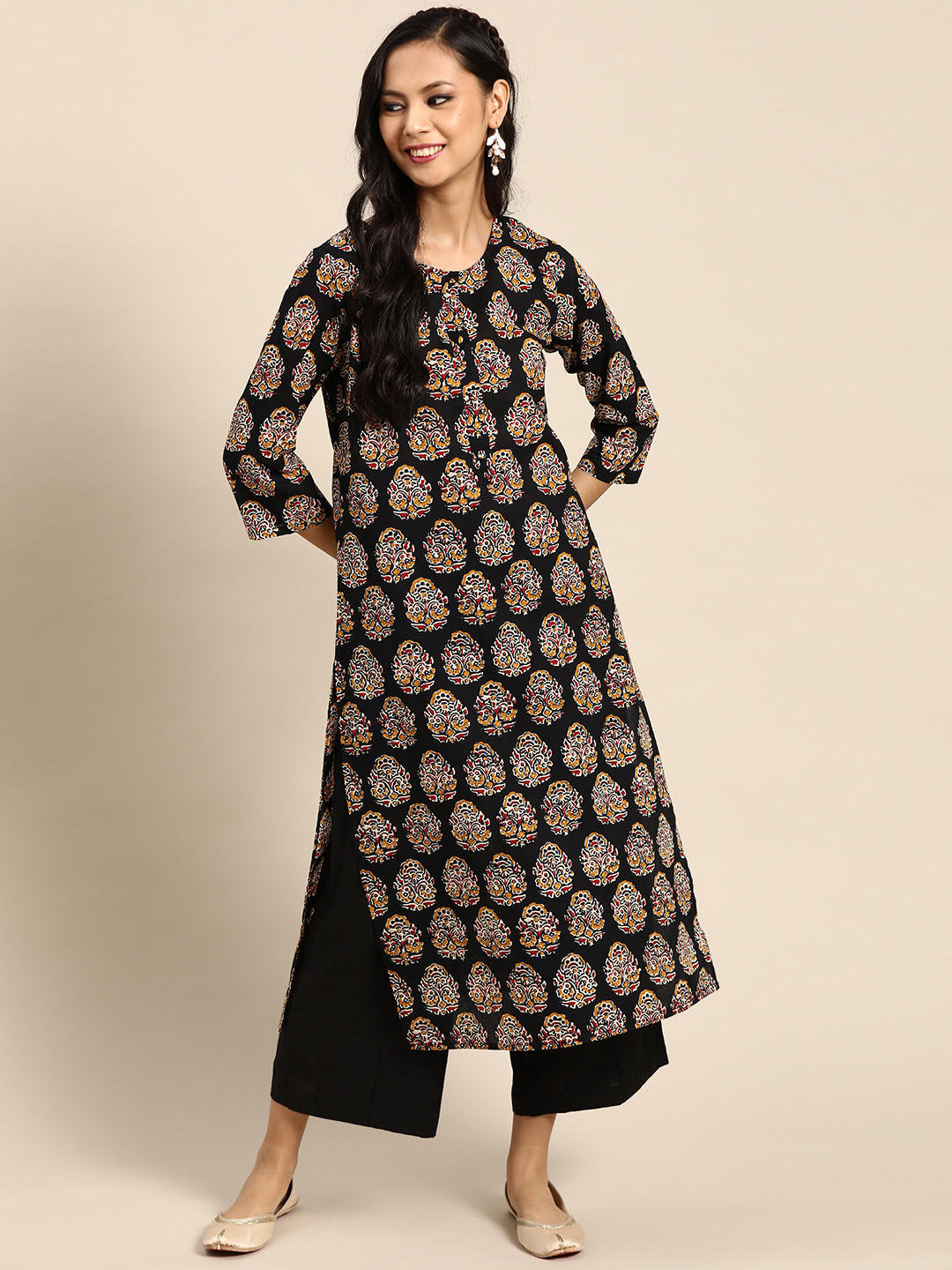 

Prakrti Women Black & Mustard Yellow Cotton Ethnic Motifs Printed Straight Kurta