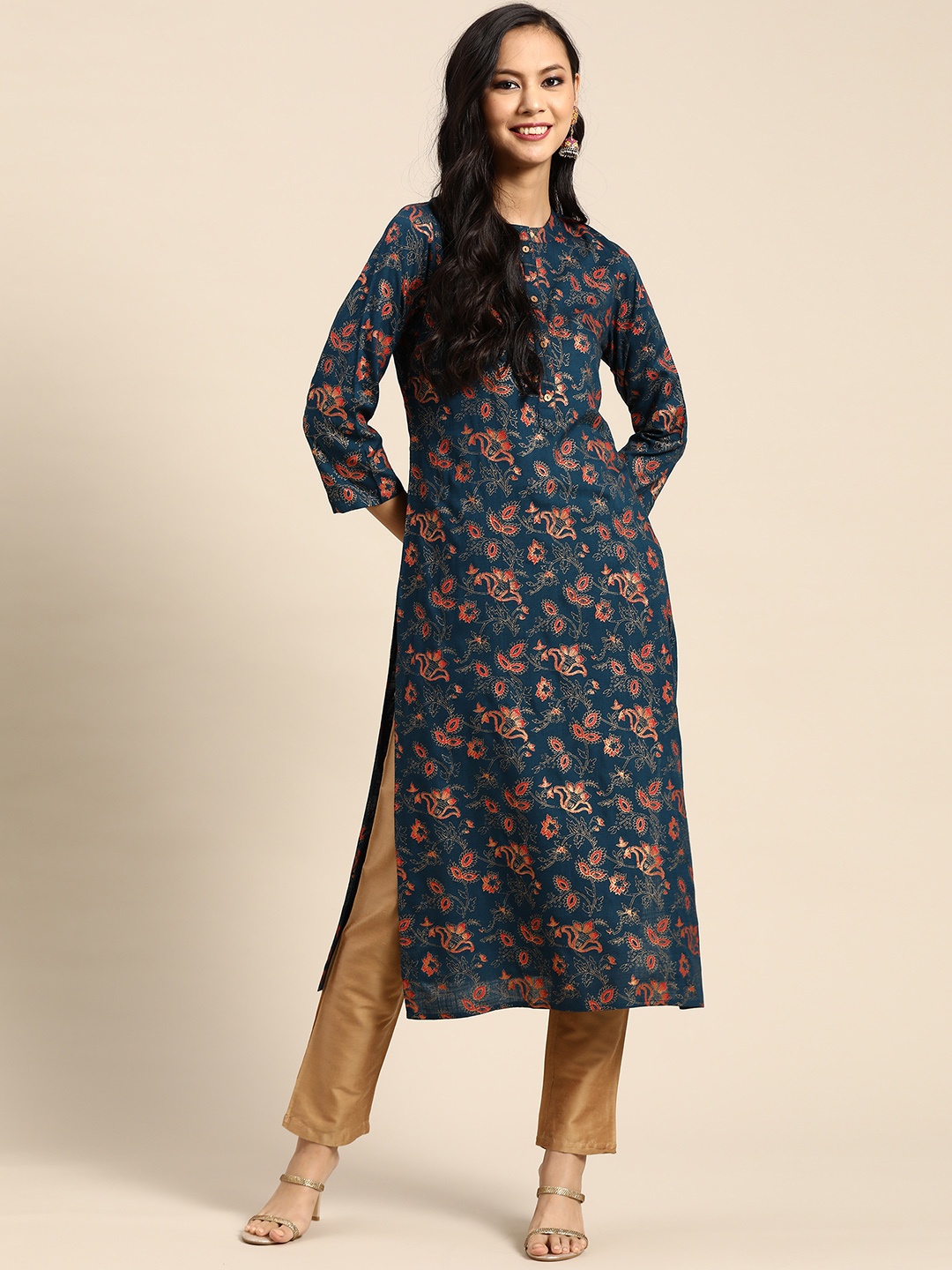 

Prakrti Women Teal Blue & Orange Ethnic Motifs Hand Block Jaal Printed Kurta