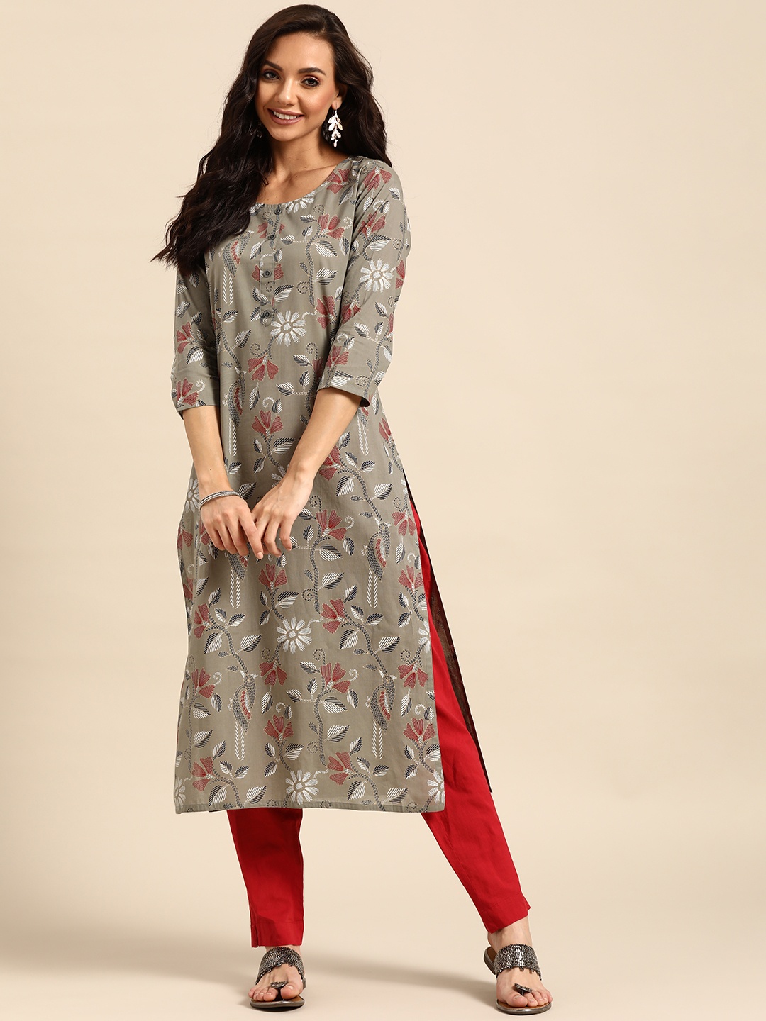 

Prakrti Women Grey & Navy Blue Pure Cotton Handblock Print Kurta