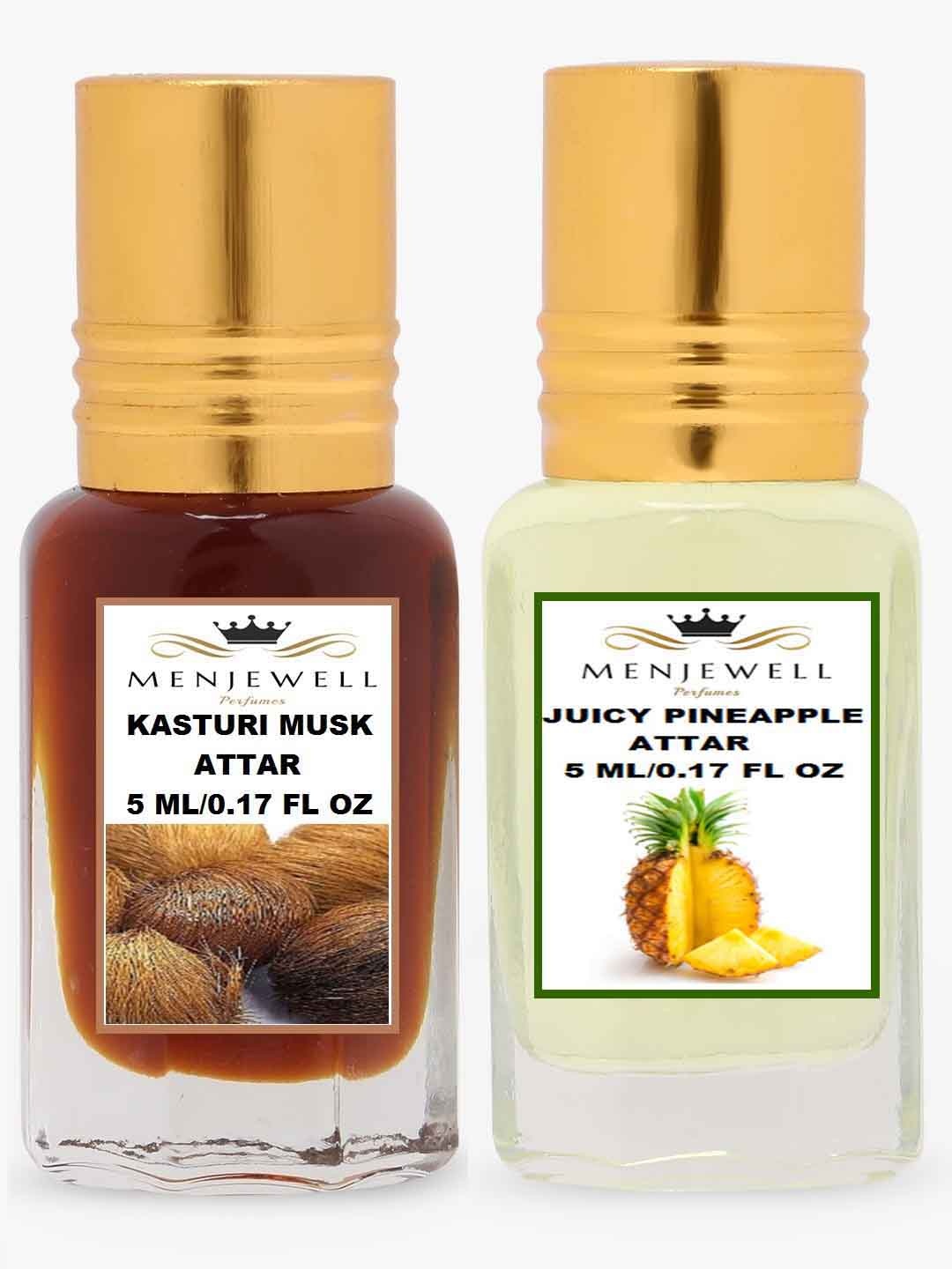 

Menjewell Set of 2 Brown & Light Yellow Kasturi Musk & Juicy Pineapple Attar, Transparent