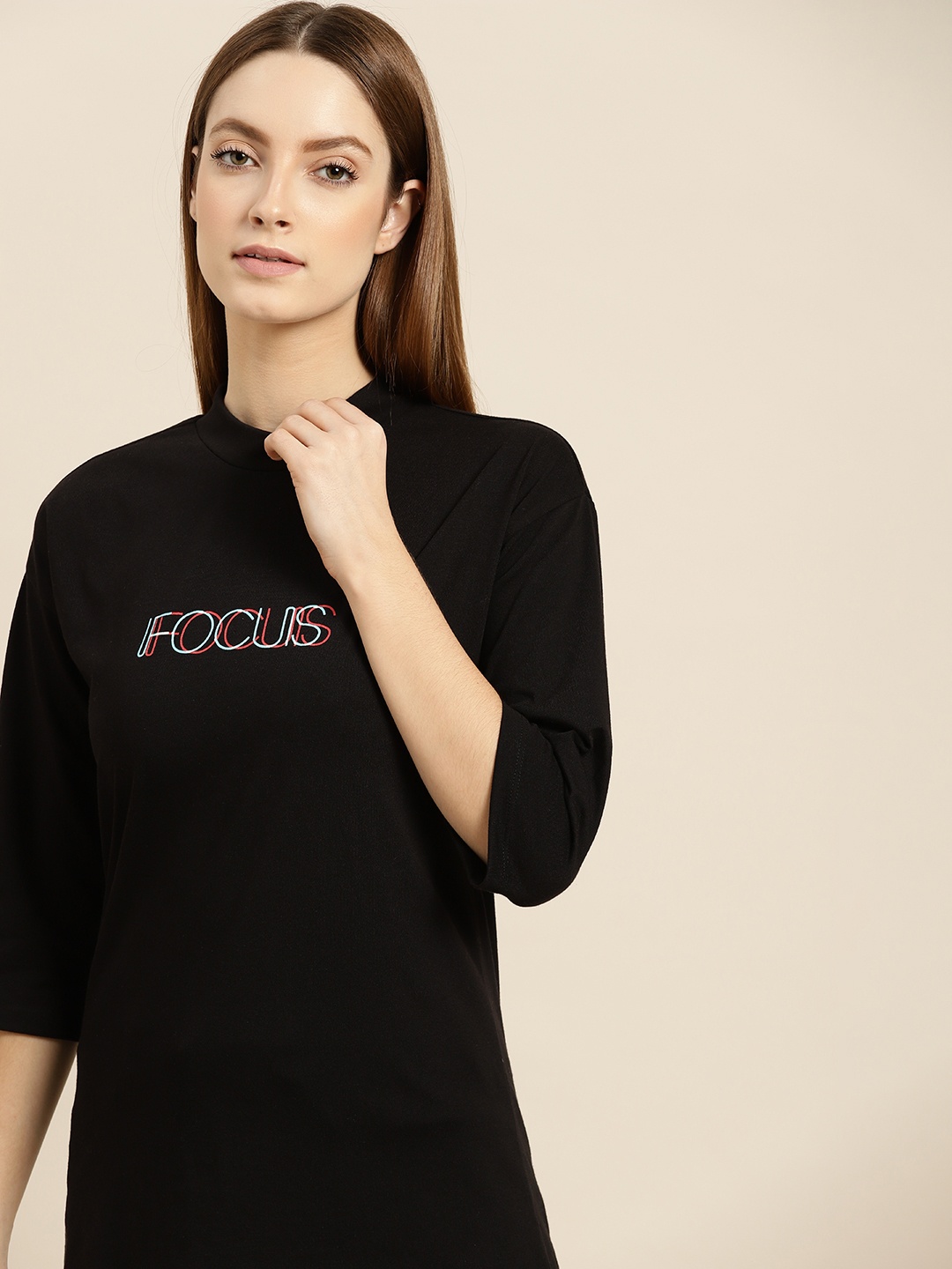 

ether Women Black Pure Cotton Printed Detail T-shirt