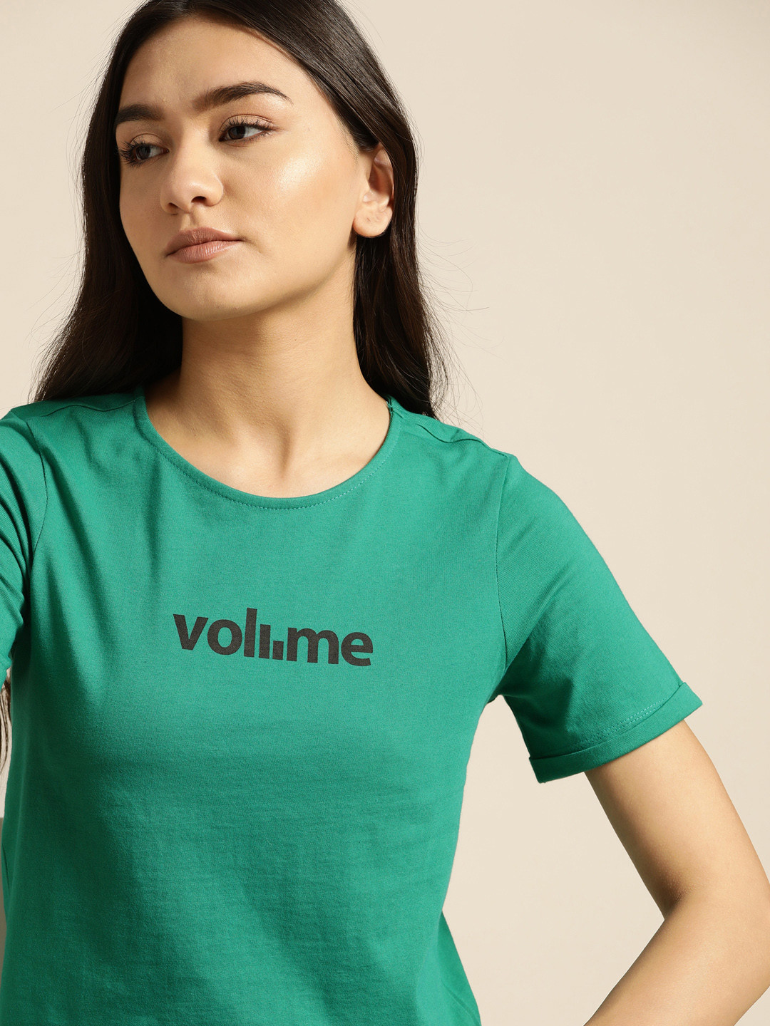 

ether Women Green Typography Pure Cotton Printed T-shirt