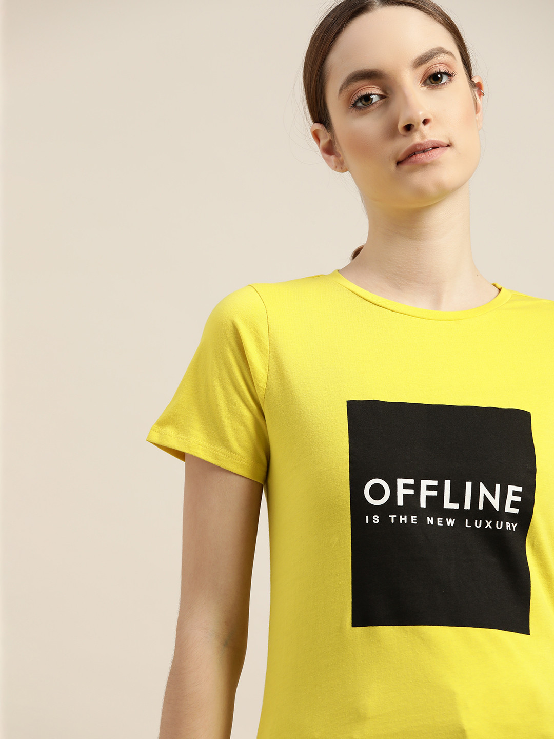 

ether Women Yellow & Black Pure Cotton Typography Printed T-shirt