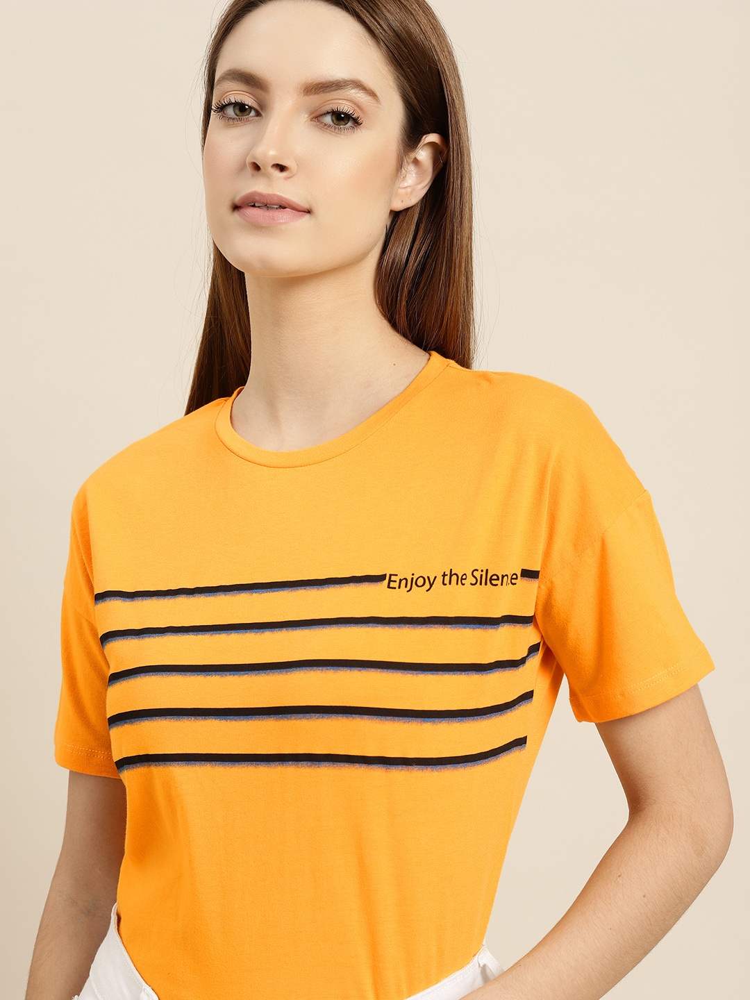 

ether Women Mustard Yellow Pure Cotton Striped T-shirt