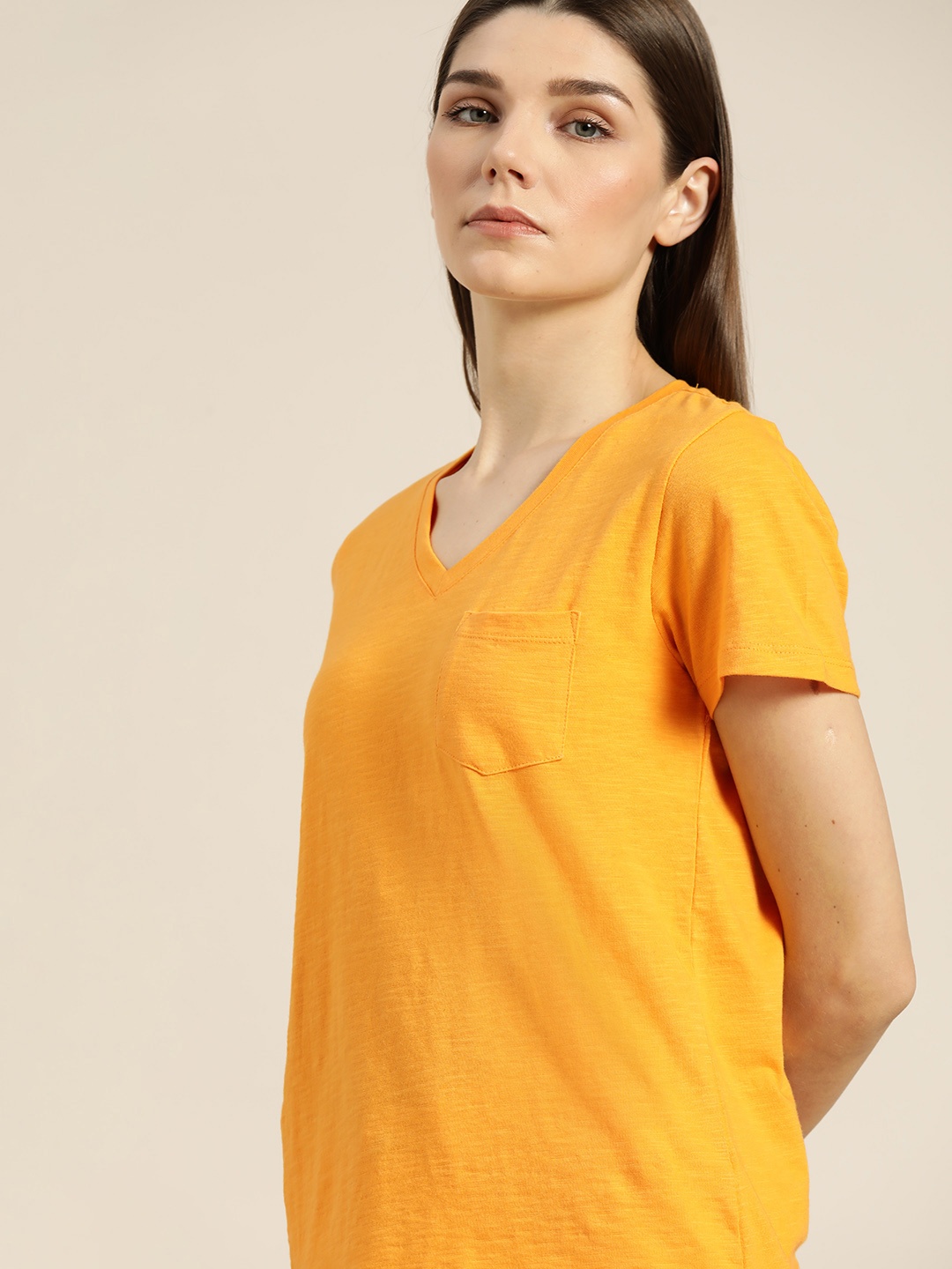 

ether Women Yellow V-Neck T-shirt