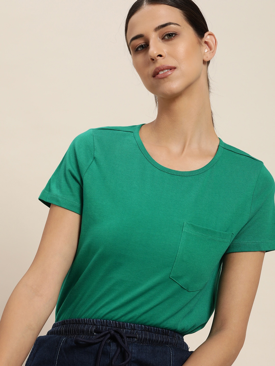 

ether Women Green Solid Cotton T-shirt