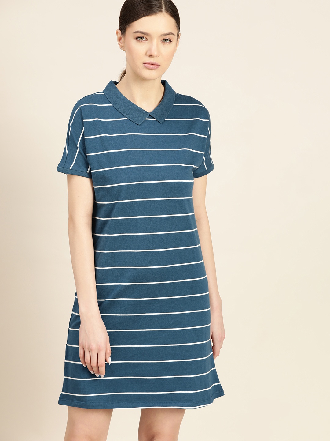 

ether Teal Blue & White Striped Extended Sleeves T-shirt Dress