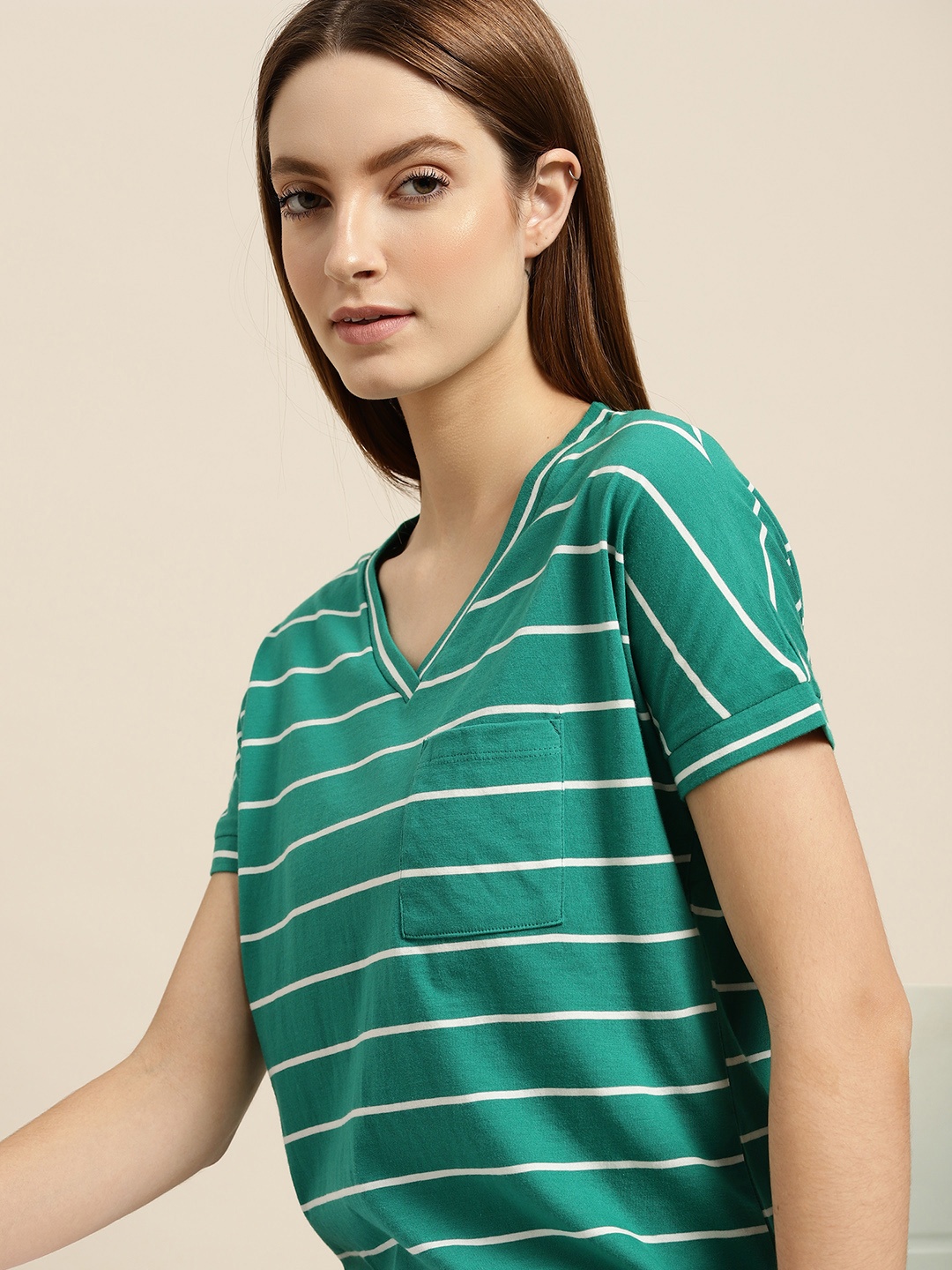 

ether Women Green & White Striped V-Neck Extended Sleeves Pockets T-shirt