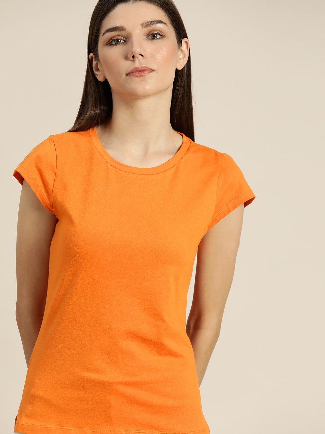 

ether Women Orange Solid Extended Sleeves T-shirt