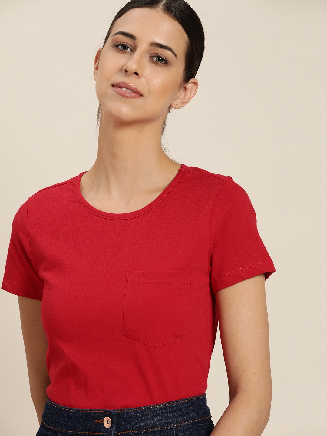 

ether Women Red Solid Cotton T-shirt