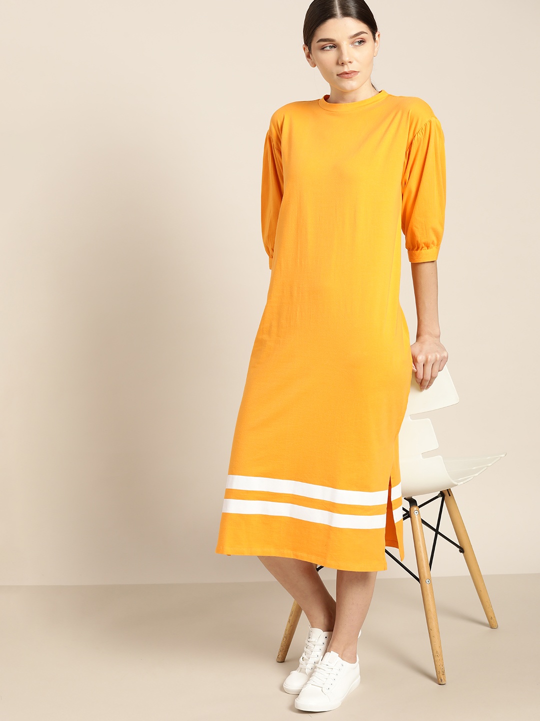 

ether Yellow & White Striped Detail T-shirt Midi Dress