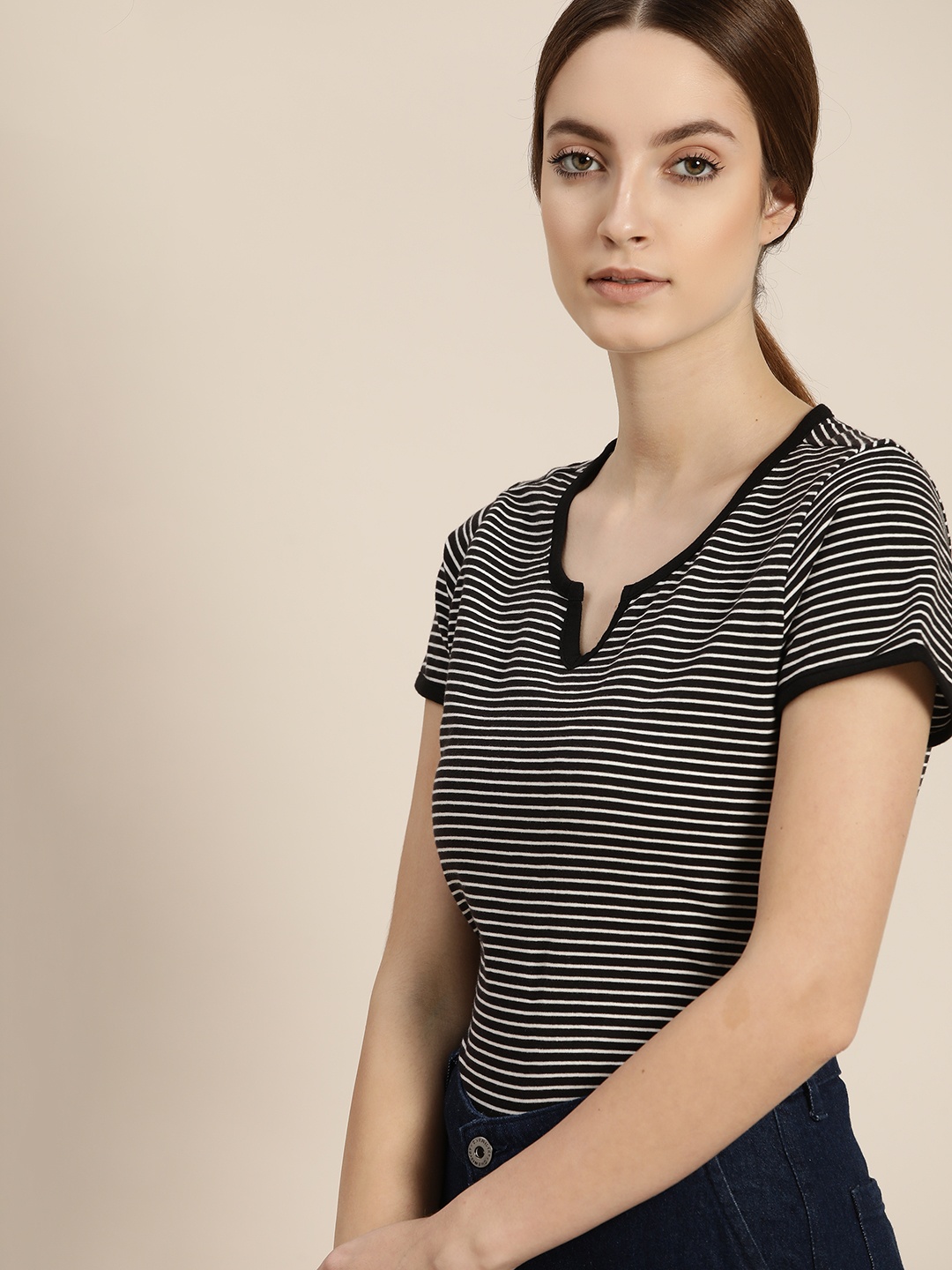 

ether Women Black & White Striped T-shirt