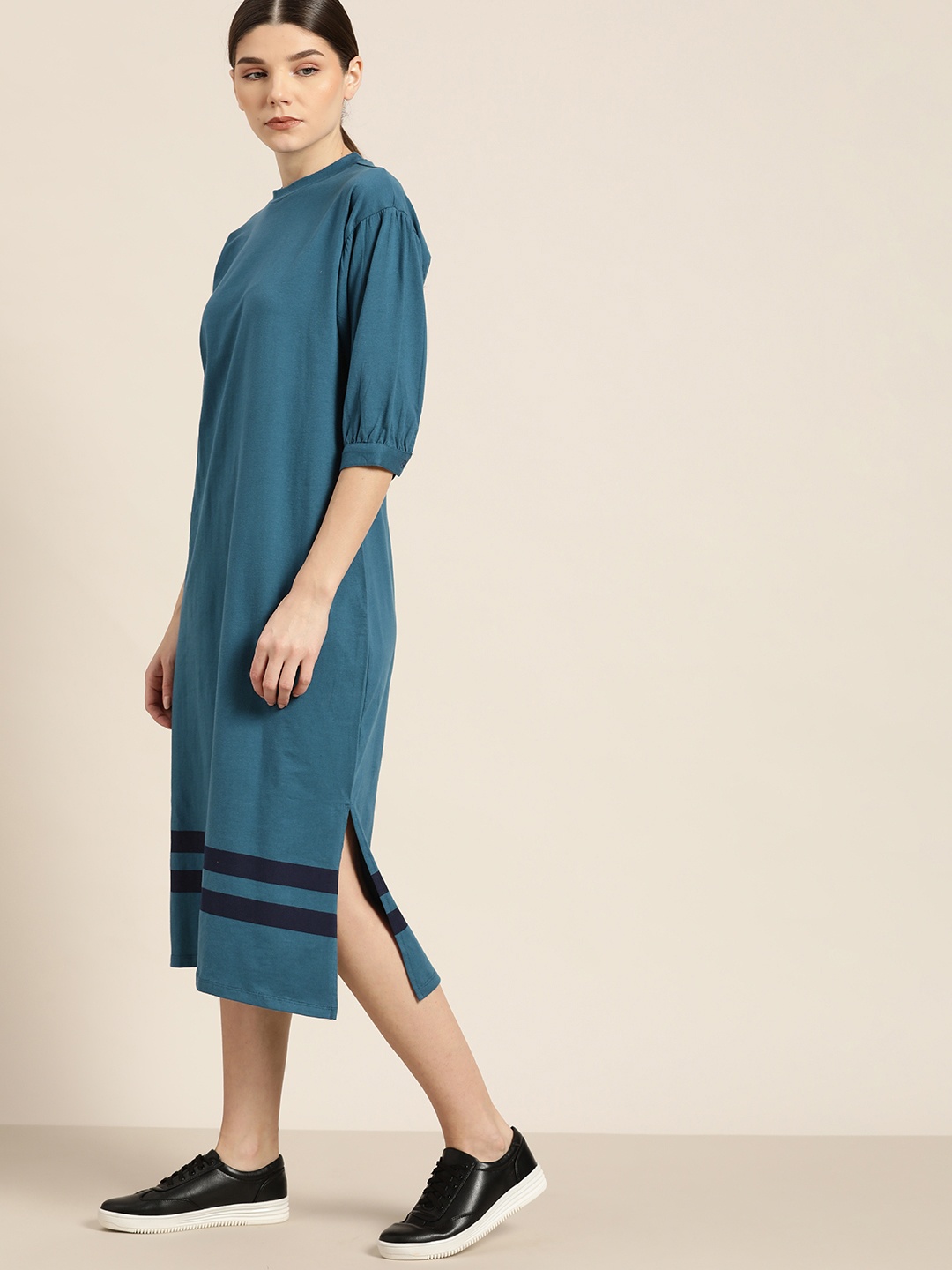 

ether Teal Blue & Black Striped Detail T-shirt Midi Dress