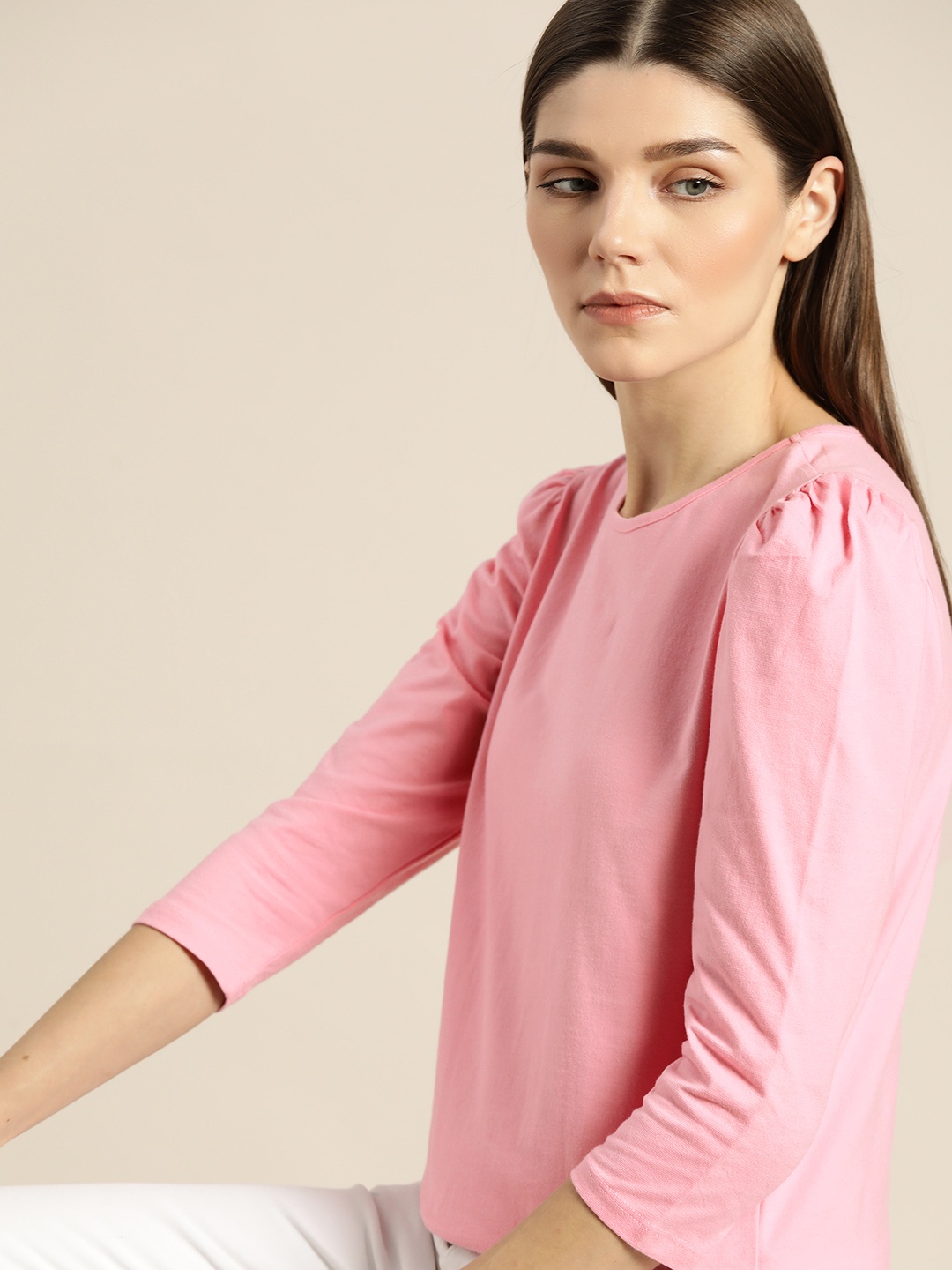 

ether Women Pink Puff Sleeves Cotton T-shirt