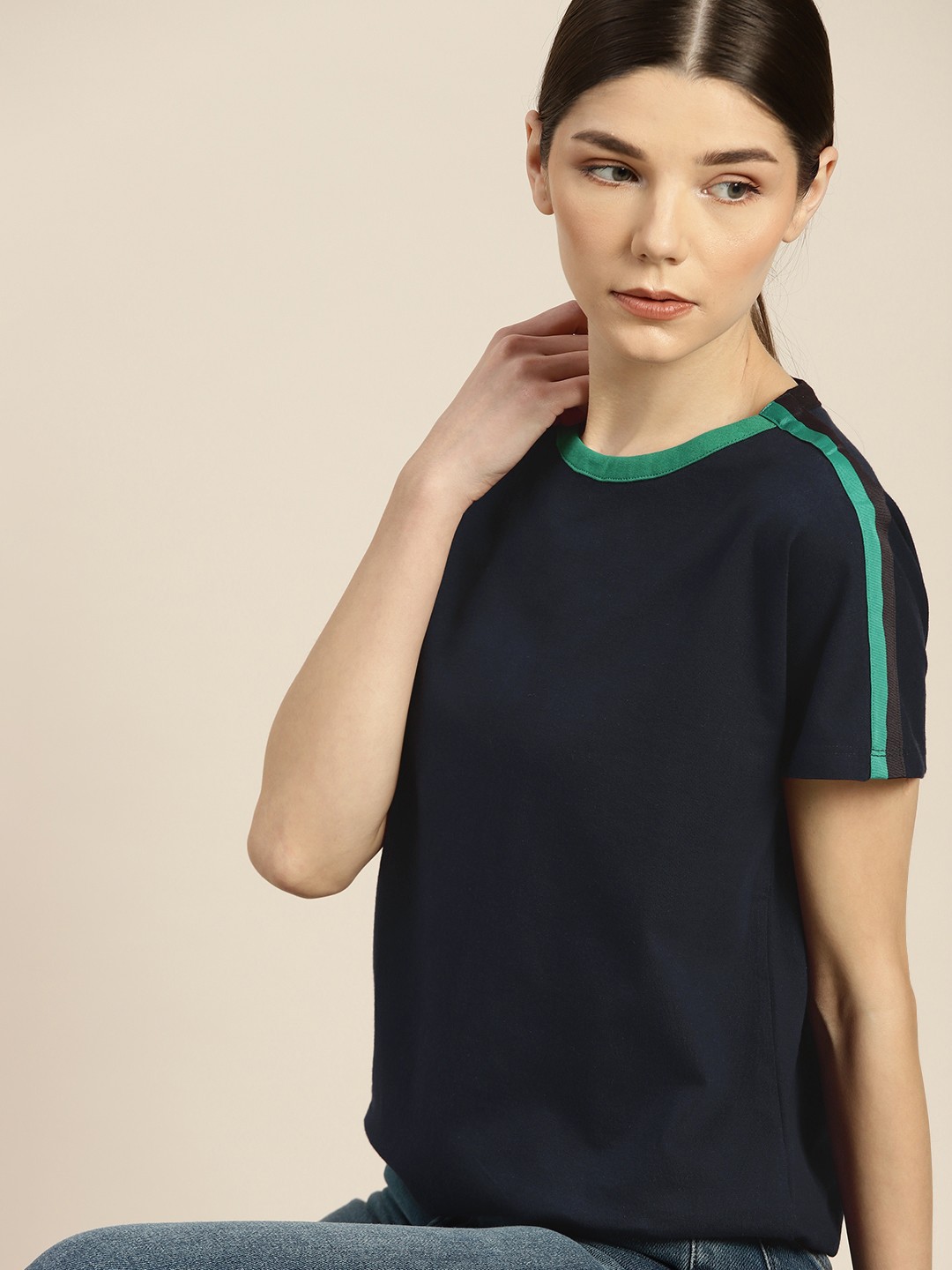 

ether Women Navy Blue Extended Sleeves T-shirt