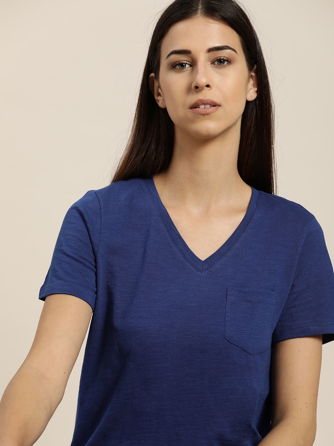 

ether Women Navy Blue Solid Cotton V-Neck Pure Cotton T-shirt