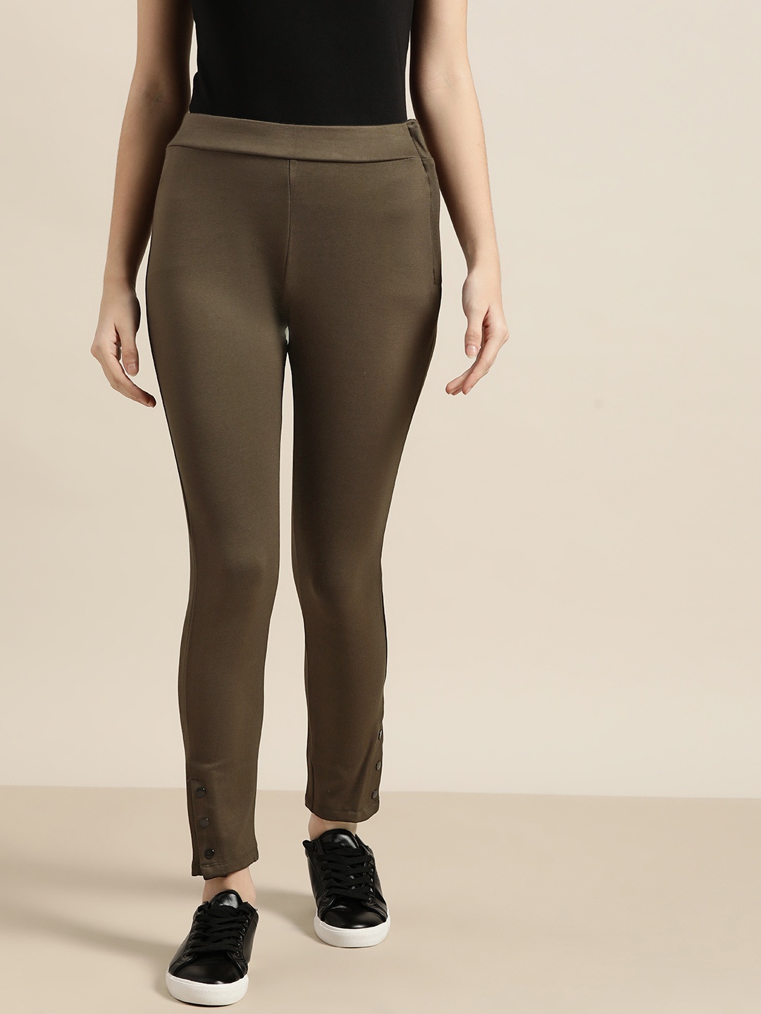 

Ether Women Olive Green Solid Treggings