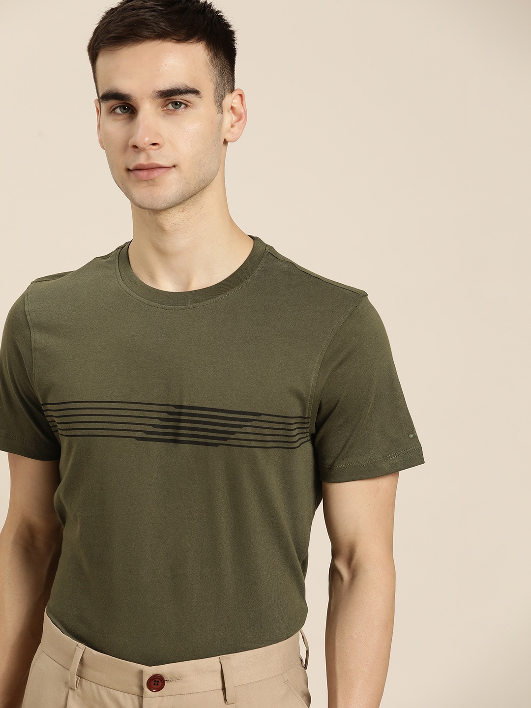 

ether Men Olive Green Striped Detail T-shirt