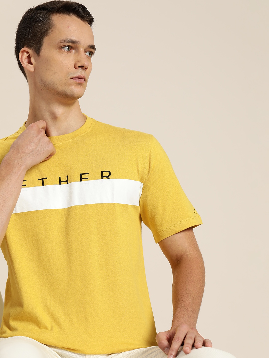 

ether Men Yellow White Pure Cotton Brand Logo Printed Pure Cotton T-shirt