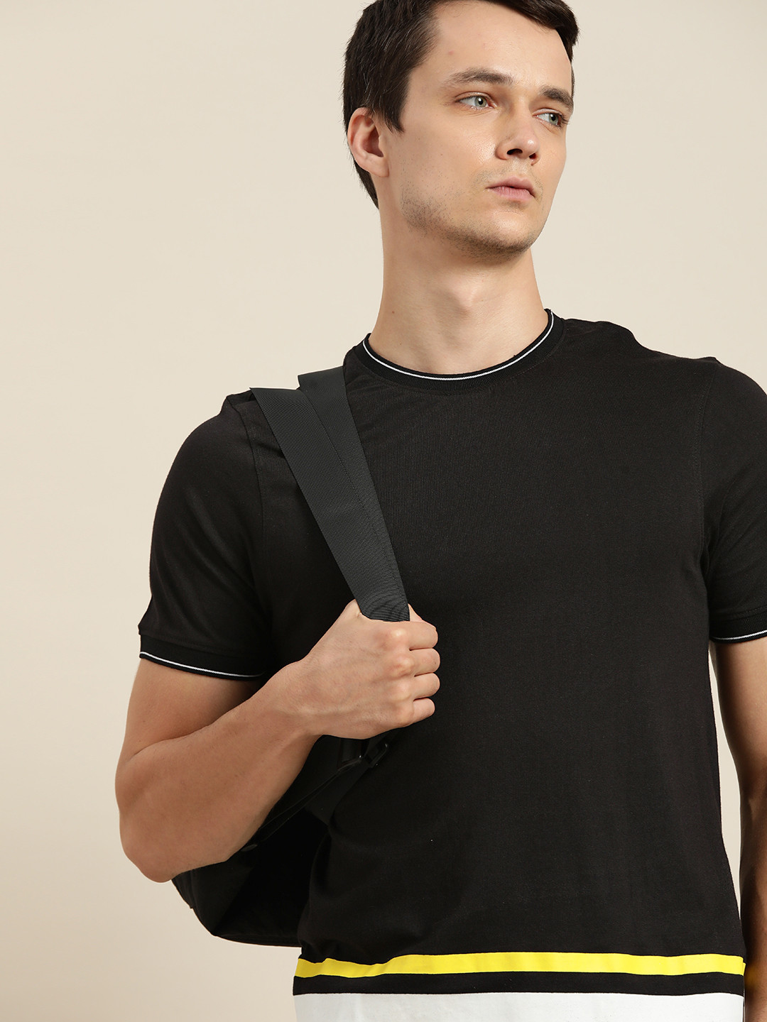 

ether Men Black Pure Cotton Solid T-shirt With Striped Detail
