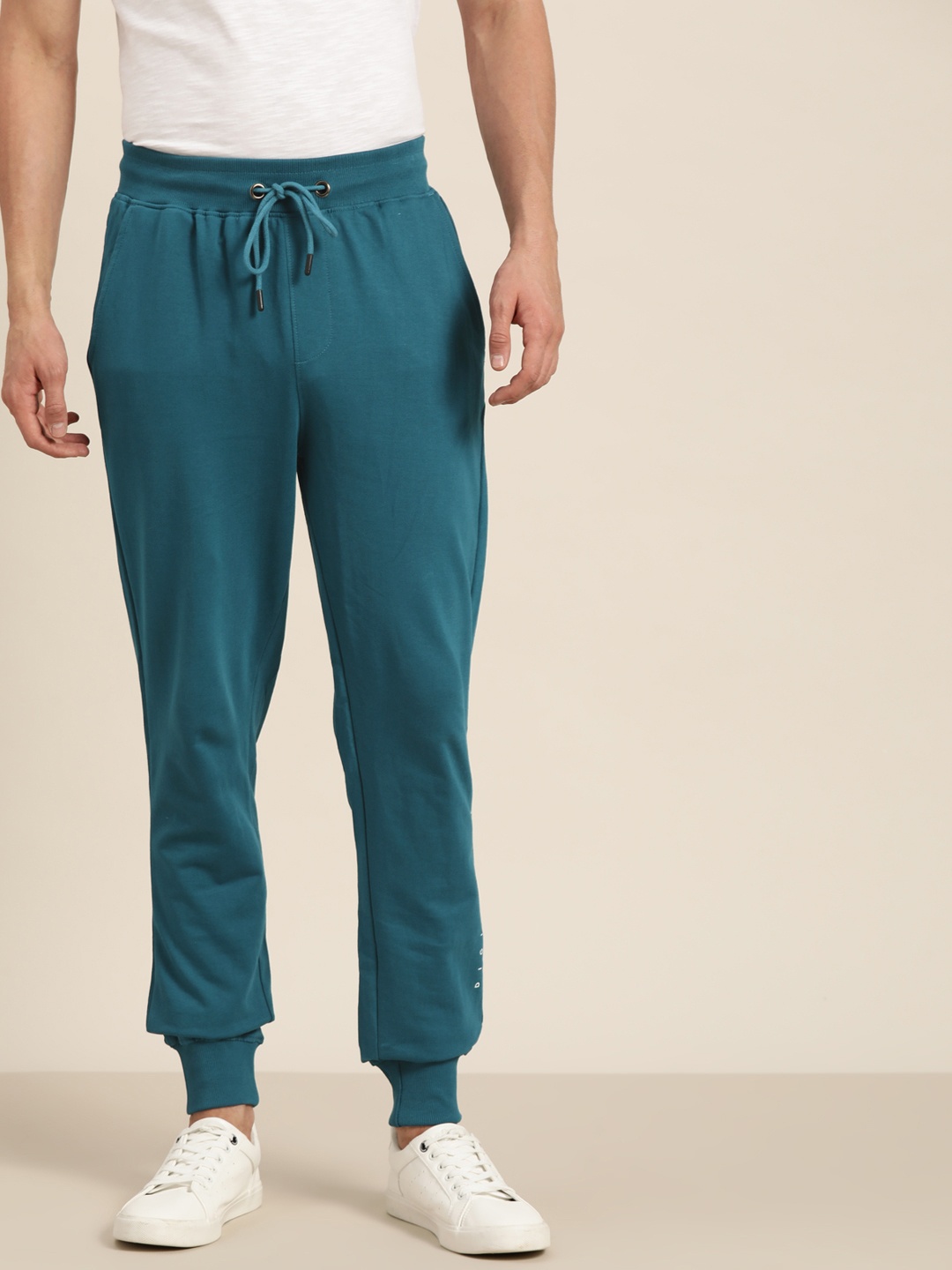 

ether Men Teal Blue Pure Cotton Solid Joggers