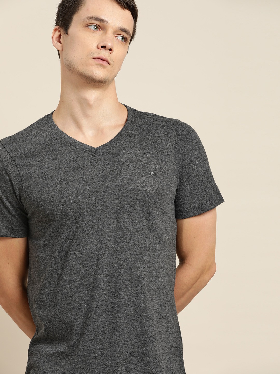 

ether Men Charcoal Grey Solid T-shirt