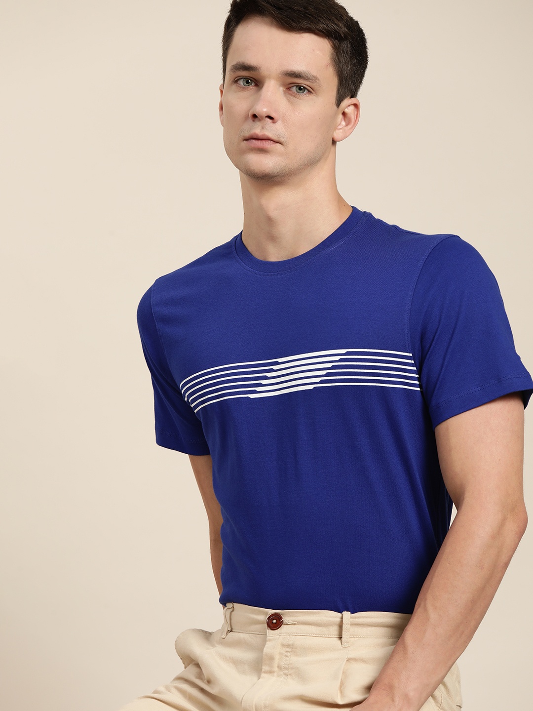 

ether Men Blue Striped Cotton T-shirt
