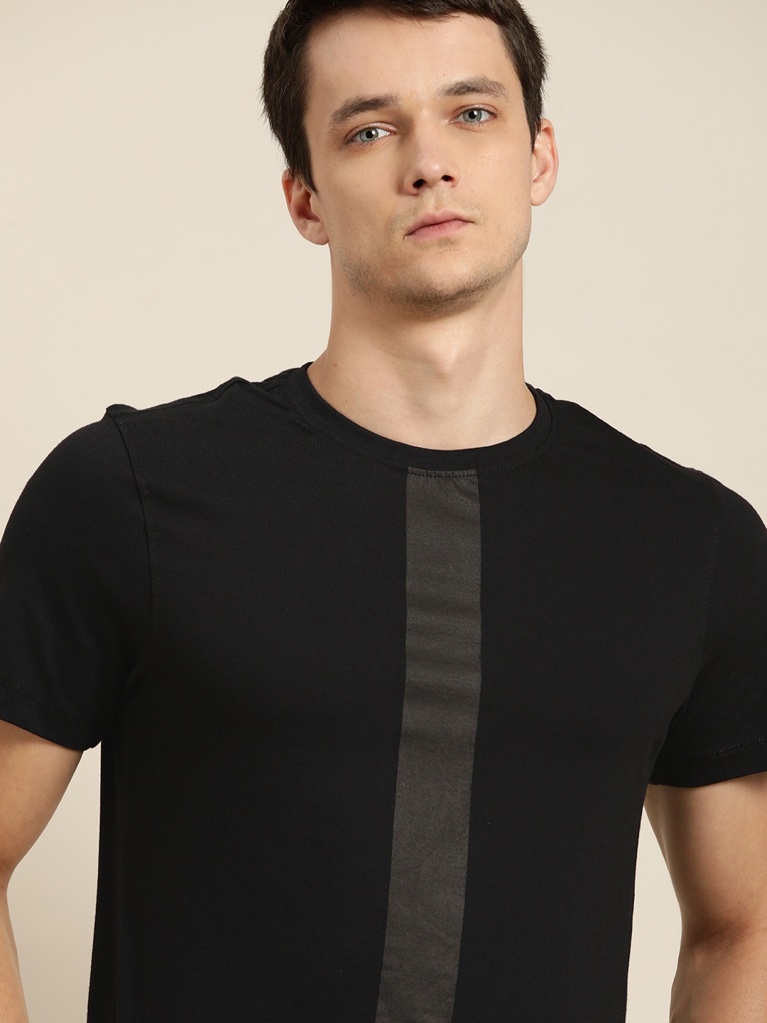 

ether Men Black Striped Cotton T-shirt