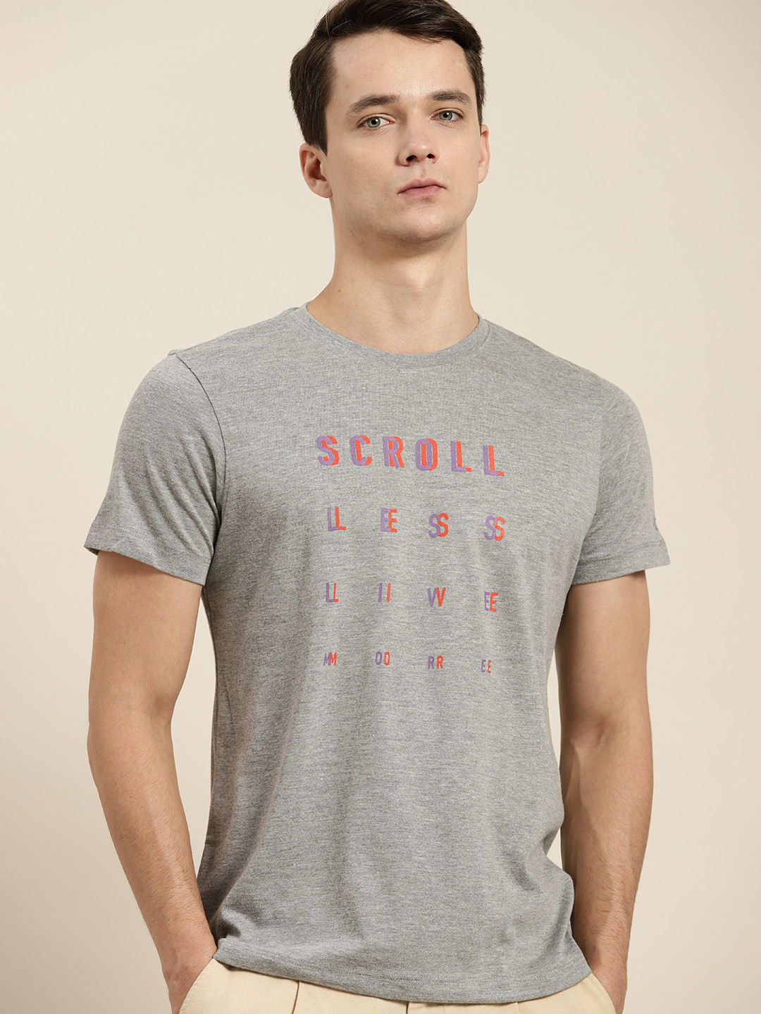 

ether Men Grey Melange & Orange Slogan Printed T-shirt