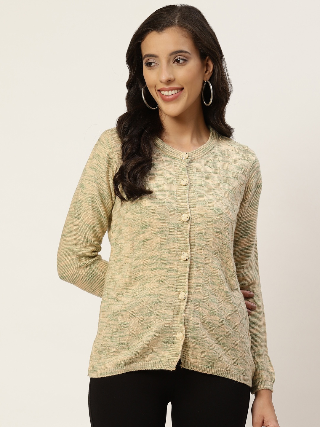 

American Eye Women Beige & Green Striped Cardigan Sweater