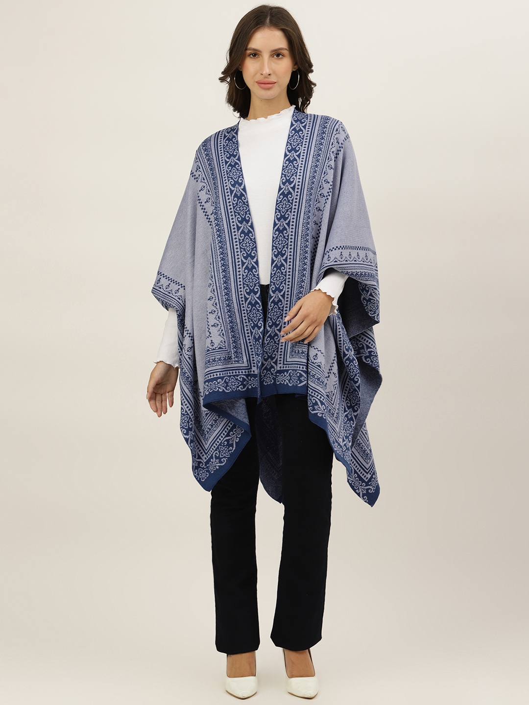 

American Eye Women Navy Blue & Grey Ethnic Design Longline Shrug