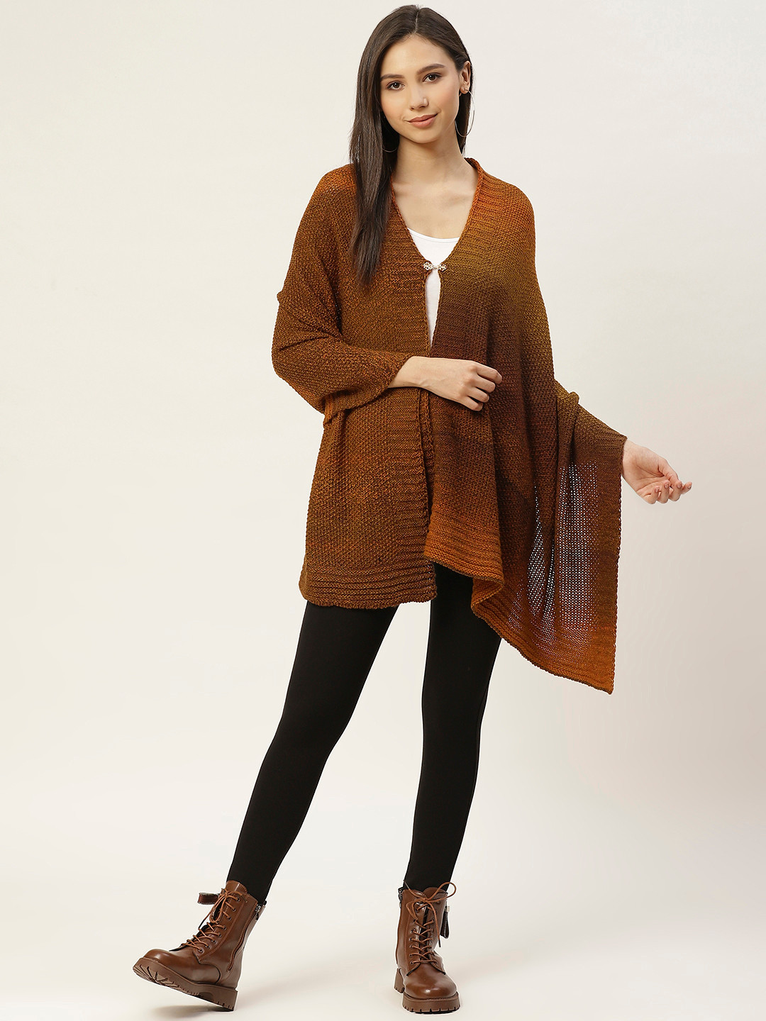 

American Eye Women Brown Self Design Acrylic Button Shrug