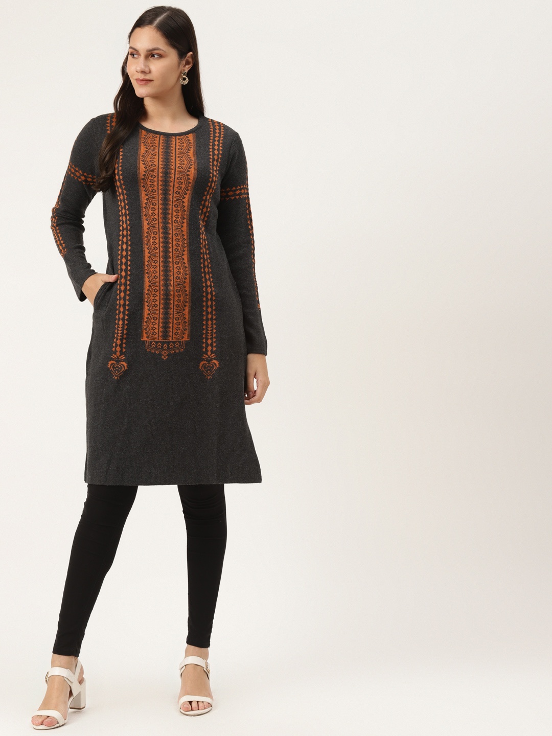 

American Eye Women Charcoal Grey & Orange Ethnic Motifs Winter Kurta