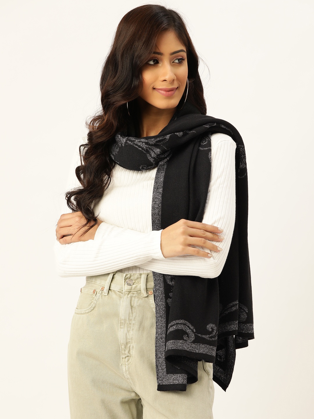 

American Eye Women Black & White Stole with Self-Design Border