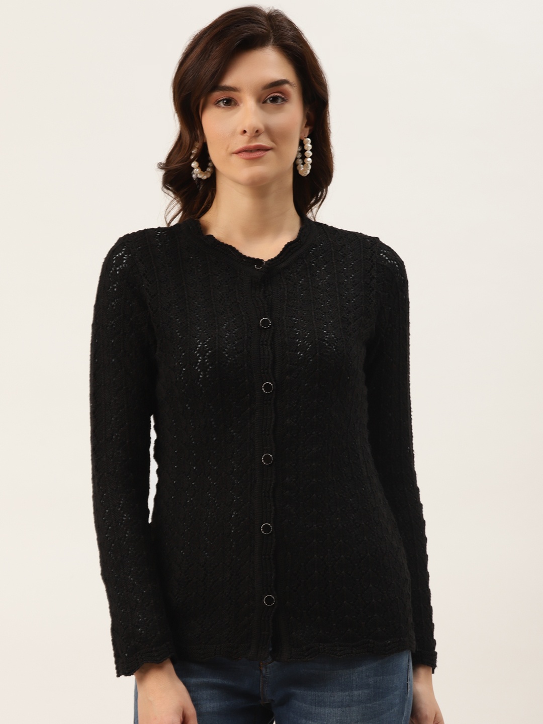 

American Eye Women Black Geometric Woven Design Cardigan