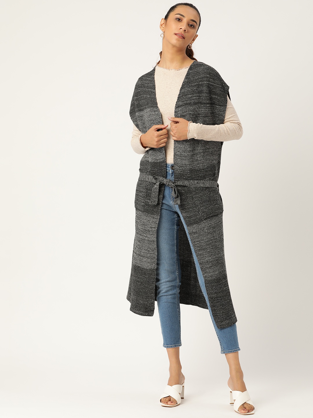 

American Eye Women Black & Grey Striped Longline Front-Open Sweater