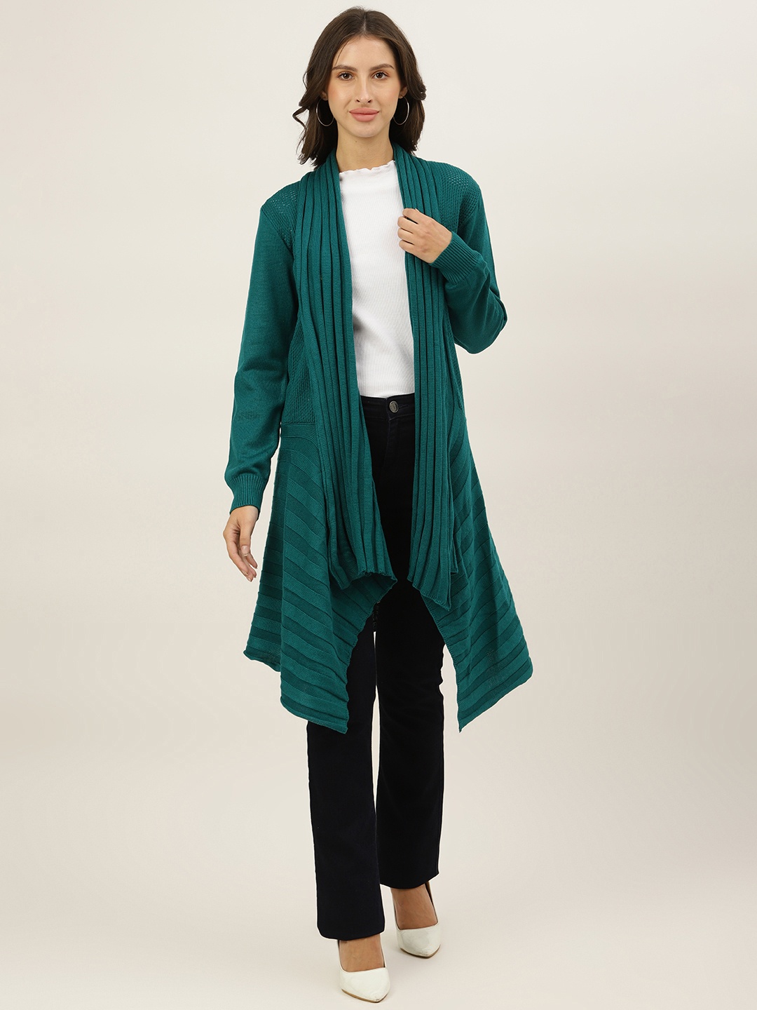 

American Eye Women Green Self Stripe Detail Longline Shrug