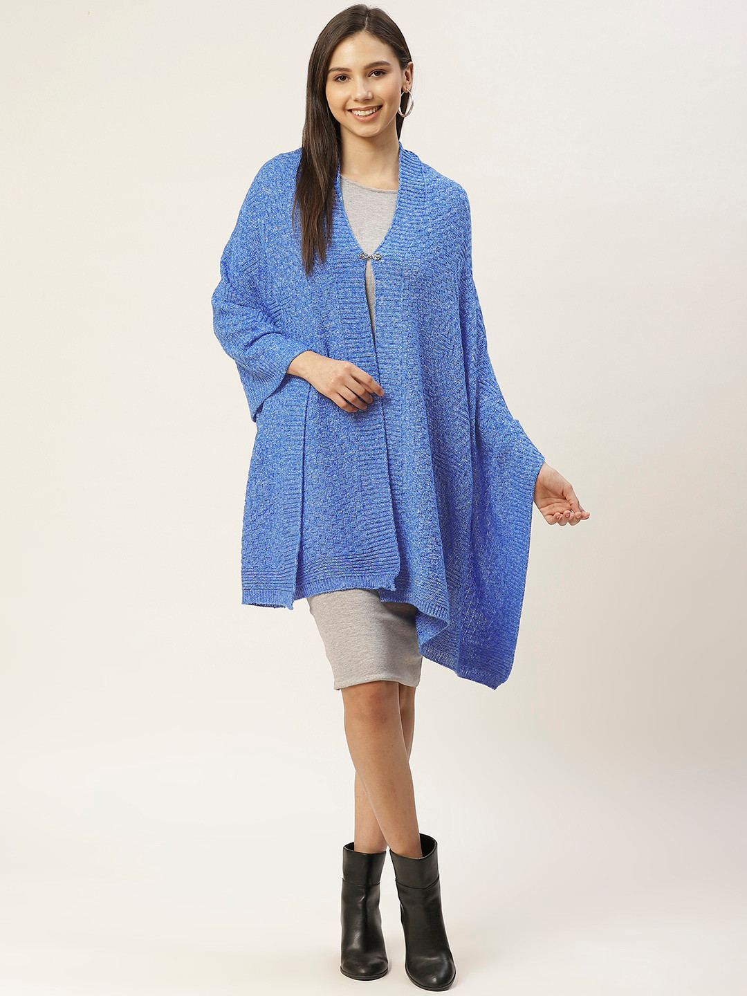 

American Eye Women Blue Acrylic Longline Button Shrug