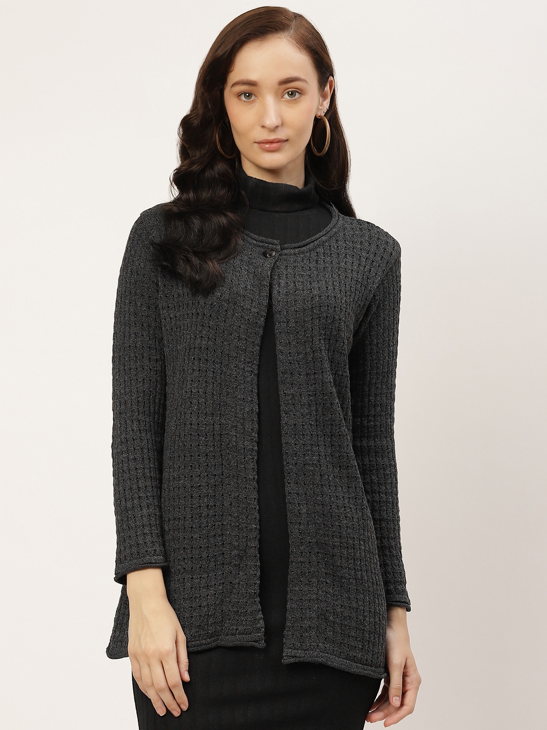 

American Eye Women Charcoal Grey Front-Open Open Knit Sweater