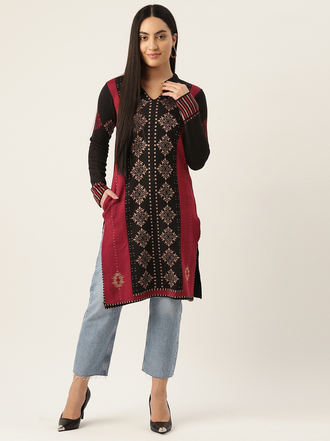 

American Eye Women Acrylic Geometric Woven Design Straight Kurta, Black