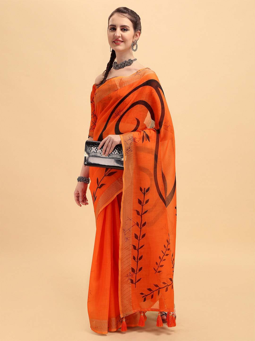 

Sangria Orange & Black Zari Pure Linen Saree