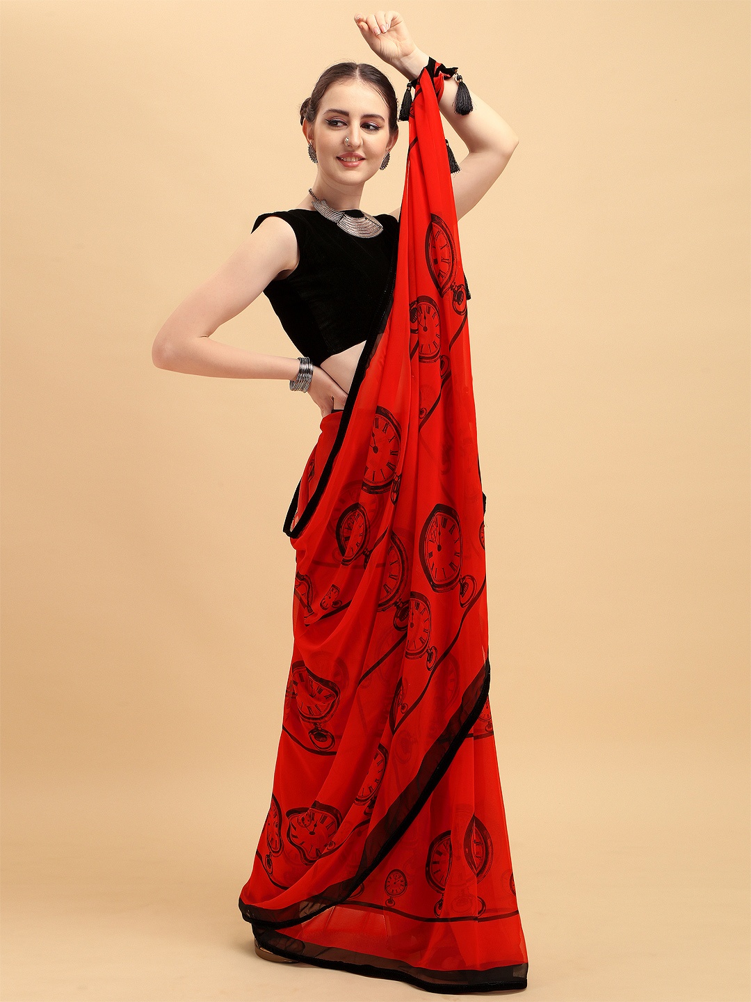 

Sangria Red & Black Pure Georgette Saree With Tasseled Pallu