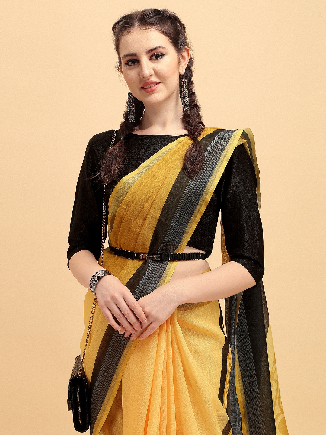 

Sangria Mustard & Black Zari Pure Linen Saree