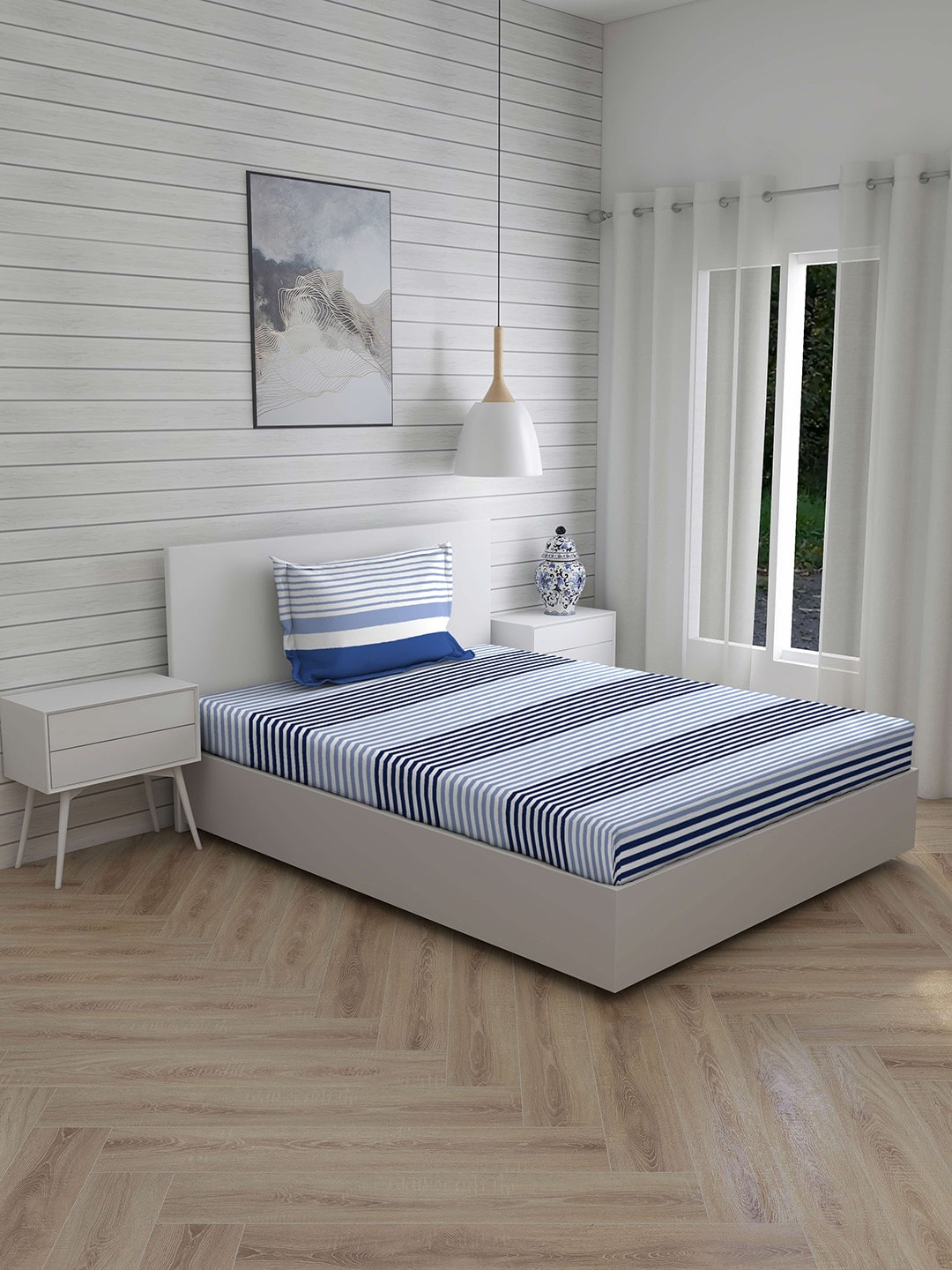 

Layers Blue & White Striped 144 TC Cotton Single Bedsheet with 1 Pillow Covers
