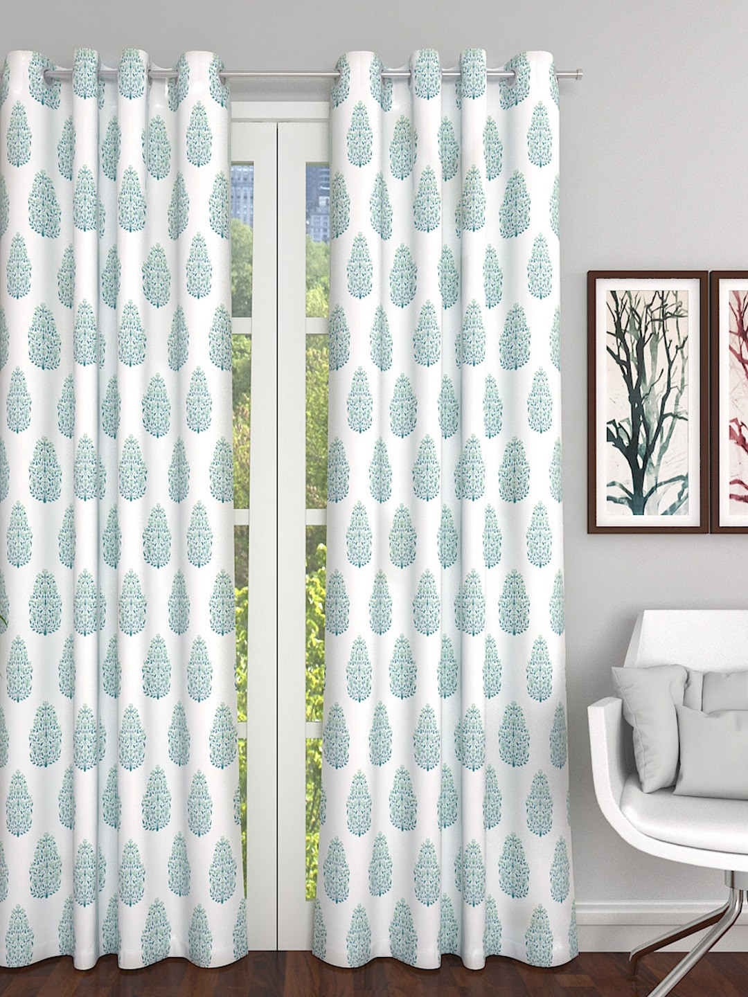 

Soumya White & Green Single Floral Sheer Long Door Curtain