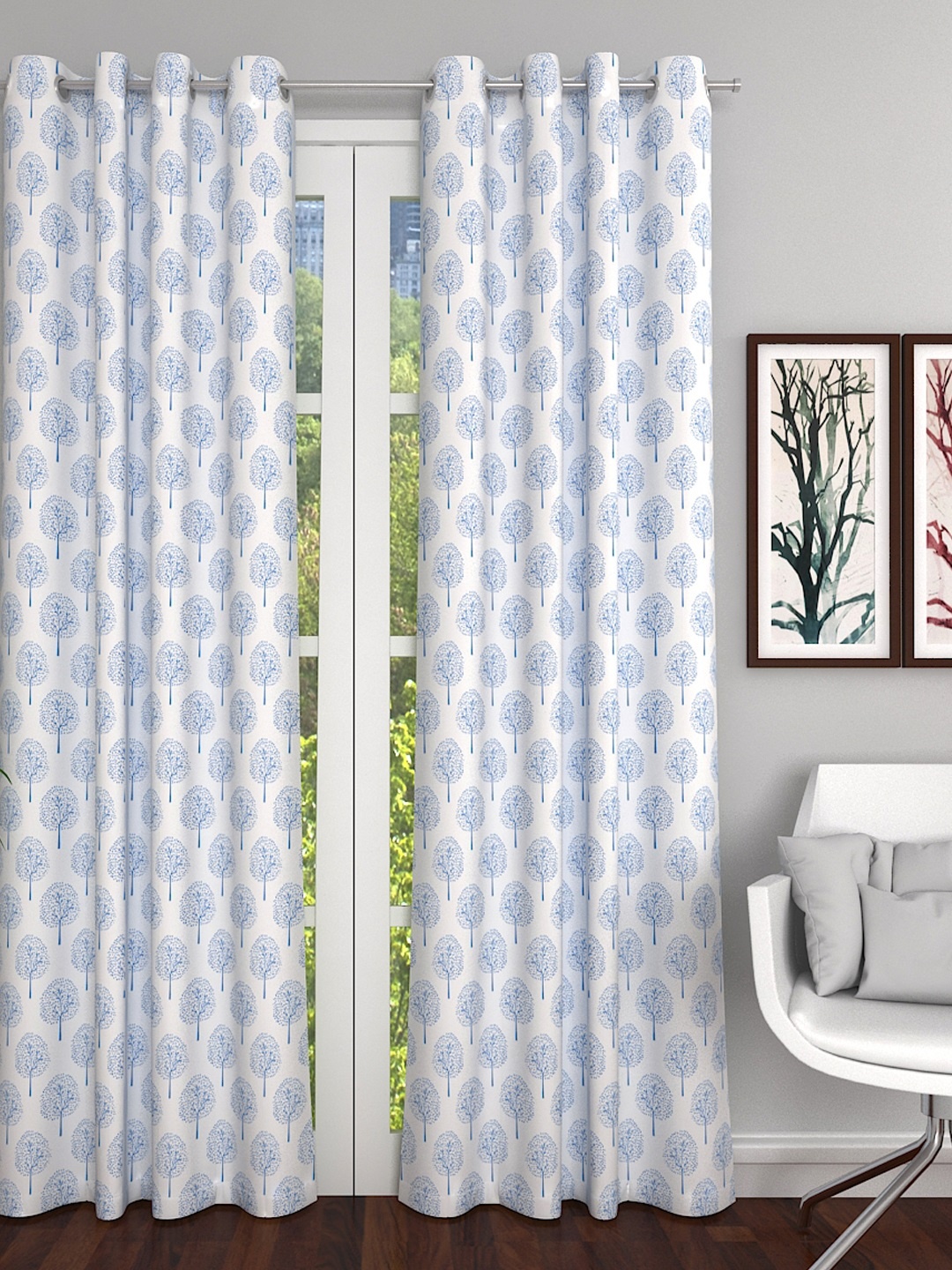 

Soumya White & Blue Lightweight Floral Sheer Long Door Curtain
