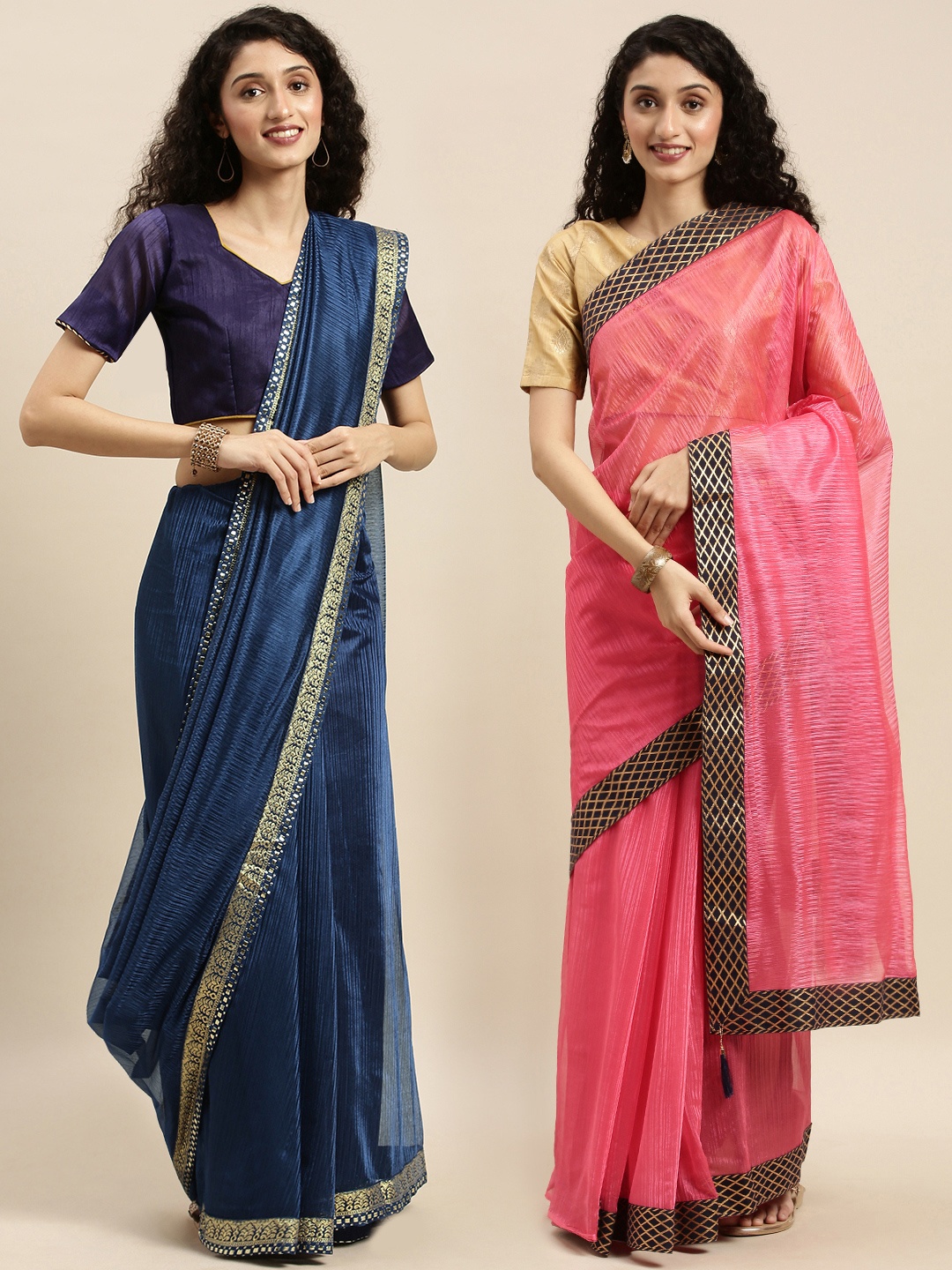 

KALINI Pack Of 2 Navy Blue & Peach-Coloured Woven Design Zari Art Silk Sarees