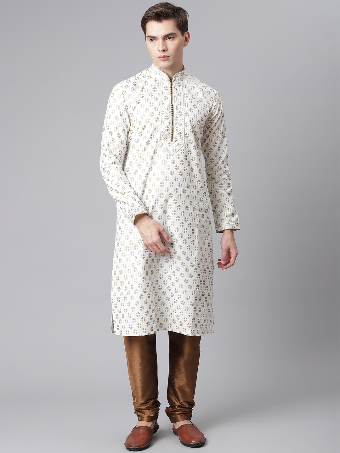 Readiprint Fashions Men White & Brown Cotton Ethnic Print Thread Work Kurta with Churidar
