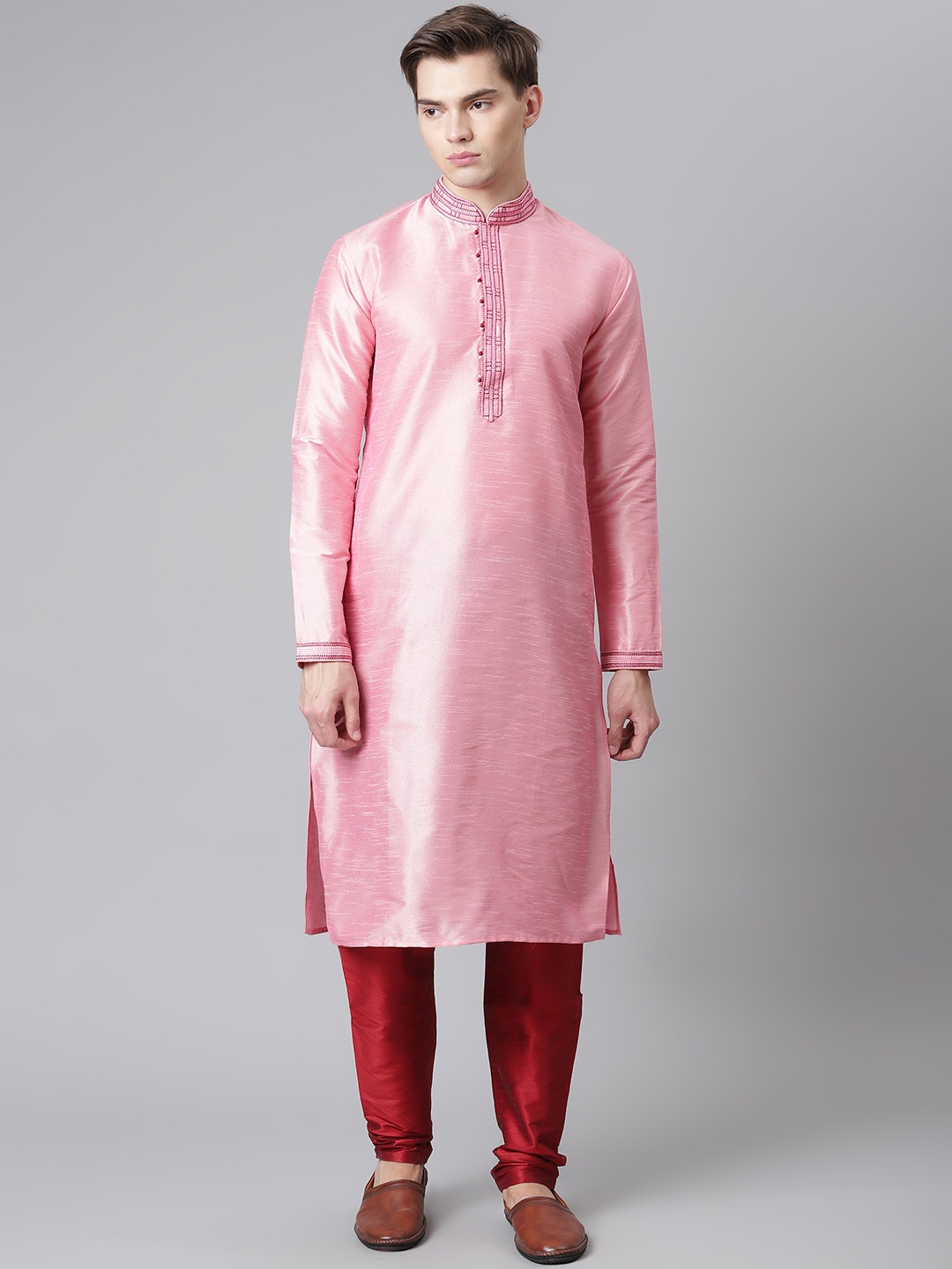 

Readiprint Fashions Men Pink & Red Thread Work Kurta with Churidar