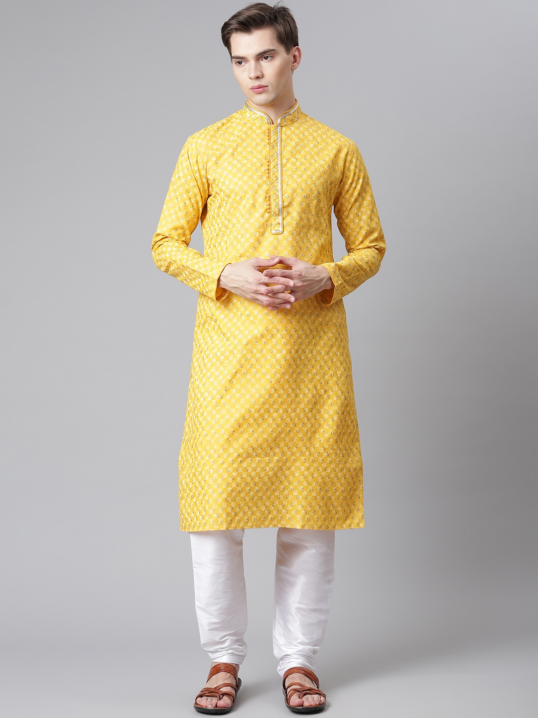 

Readiprint Fashions Men Yellow & White Cotton Printed Thread Work Kurta with Churidar